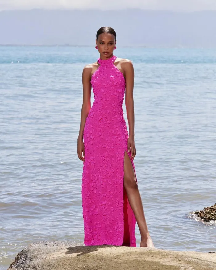 Women Dresses and Jumpsuits PatBO Stretch Jacquard High Neck Maxi Dress FINAL SALE Neon Pink