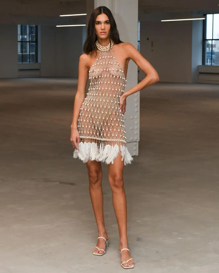 Women Dresses and Jumpsuits PatBO Wood And Crystal Beaded High Neck Mini Dress RUNWAY Natural