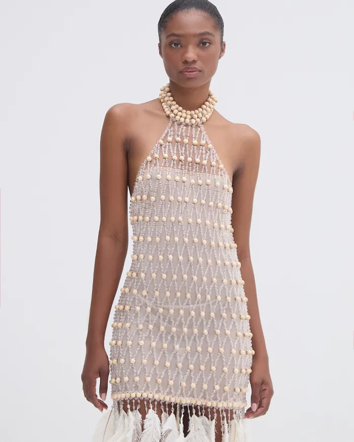 Women Dresses and Jumpsuits PatBO Wood And Crystal Beaded High Neck Mini Dress RUNWAY Natural