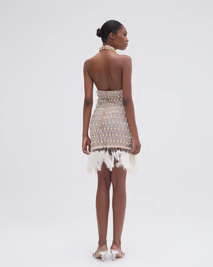 Women Dresses and Jumpsuits PatBO Wood And Crystal Beaded High Neck Mini Dress RUNWAY Natural