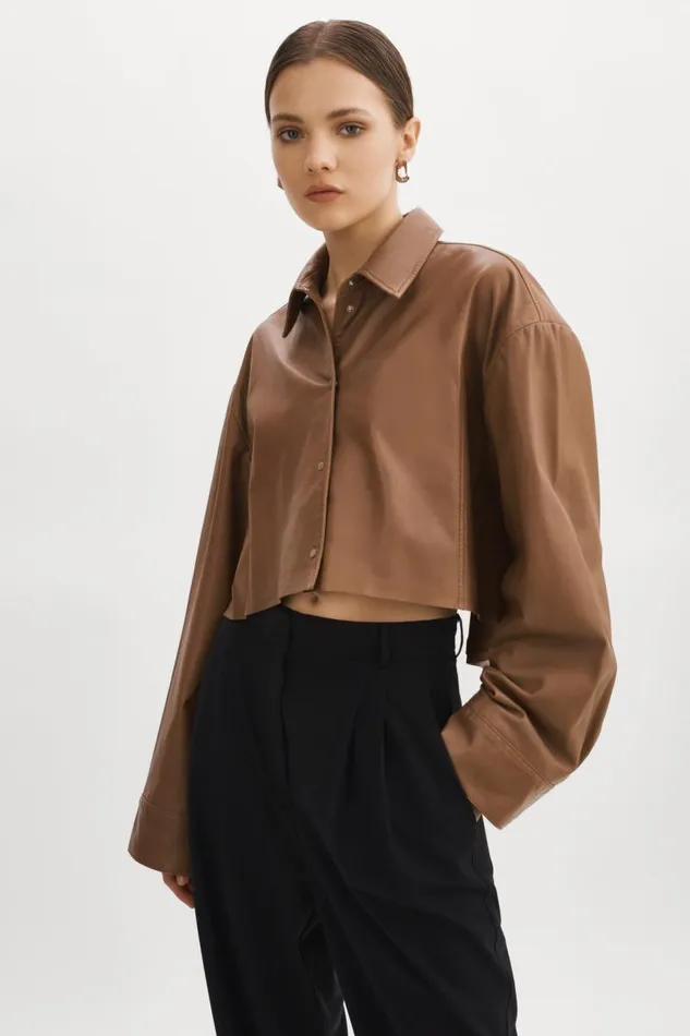 Women ELDA Leather Oversized Shirt Mink Brown LAMARQUE Shackets Women ELDA Leather Oversized Shirt Mink Brown LAMARQUE Shackets
