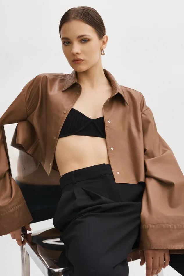 Women ELDA Leather Oversized Shirt Mink Brown LAMARQUE Shackets Women ELDA Leather Oversized Shirt Mink Brown LAMARQUE Shackets