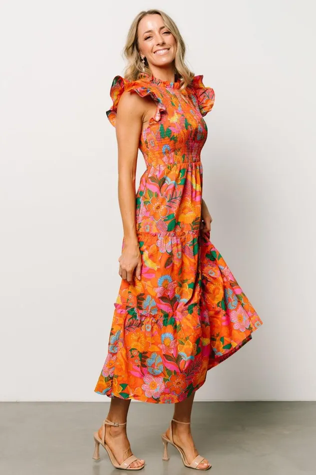 Women Emily Smocked Tier Dress Orange Floral Baltic Born Bump Friendly
