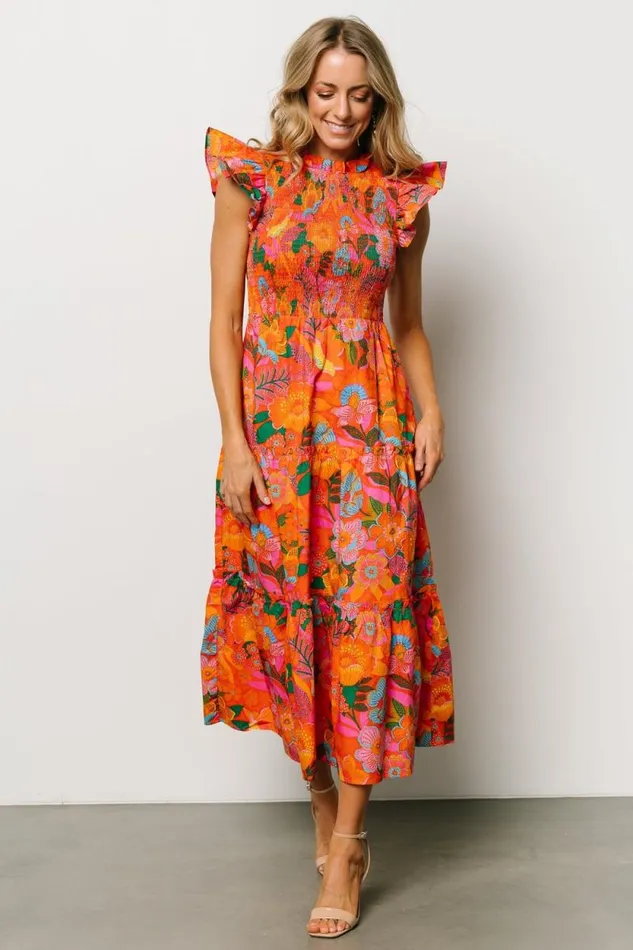 Women Emily Smocked Tier Dress Orange Floral Baltic Born Bump Friendly Women Emily Smocked Tier Dress Orange Floral Baltic Born Bump Friendly