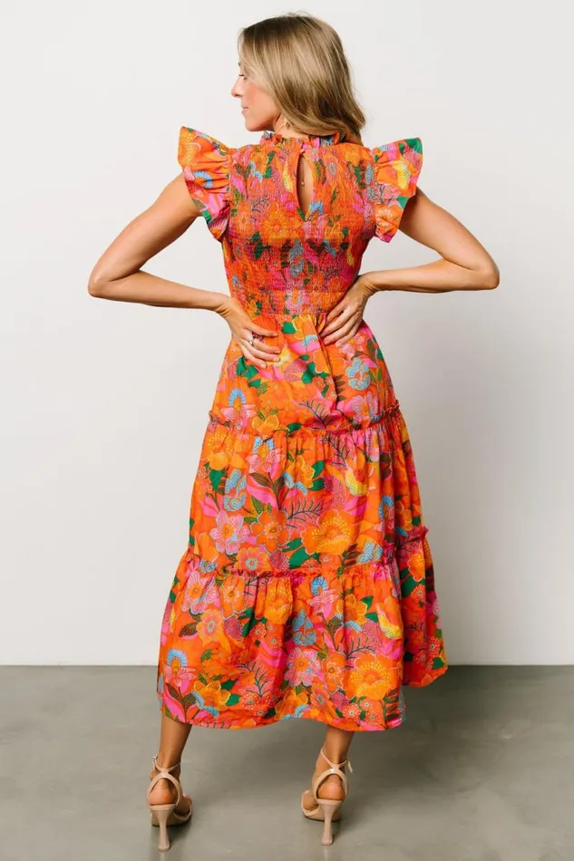 Women Emily Smocked Tier Dress Orange Floral Baltic Born Bump Friendly Women Emily Smocked Tier Dress Orange Floral Baltic Born Bump Friendly