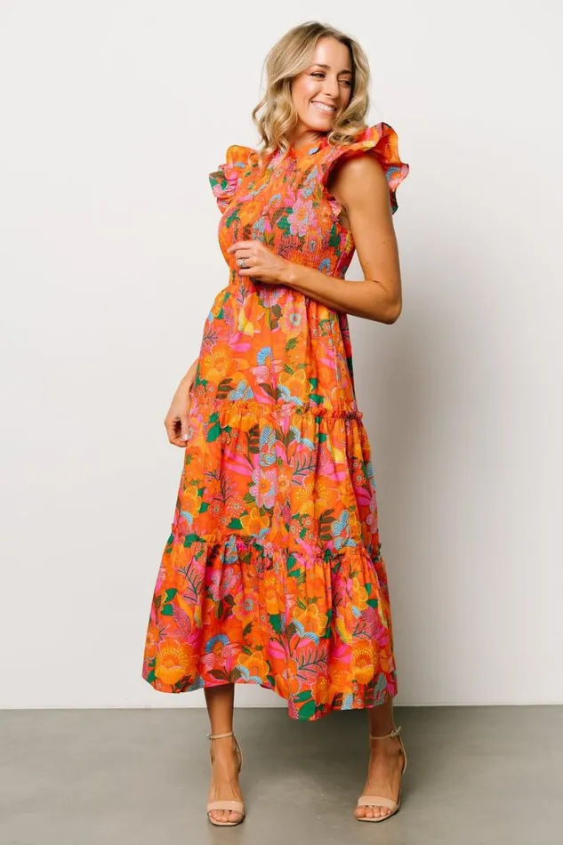 Women Emily Smocked Tier Dress Orange Floral Baltic Born Bump Friendly Women Emily Smocked Tier Dress Orange Floral Baltic Born Bump Friendly