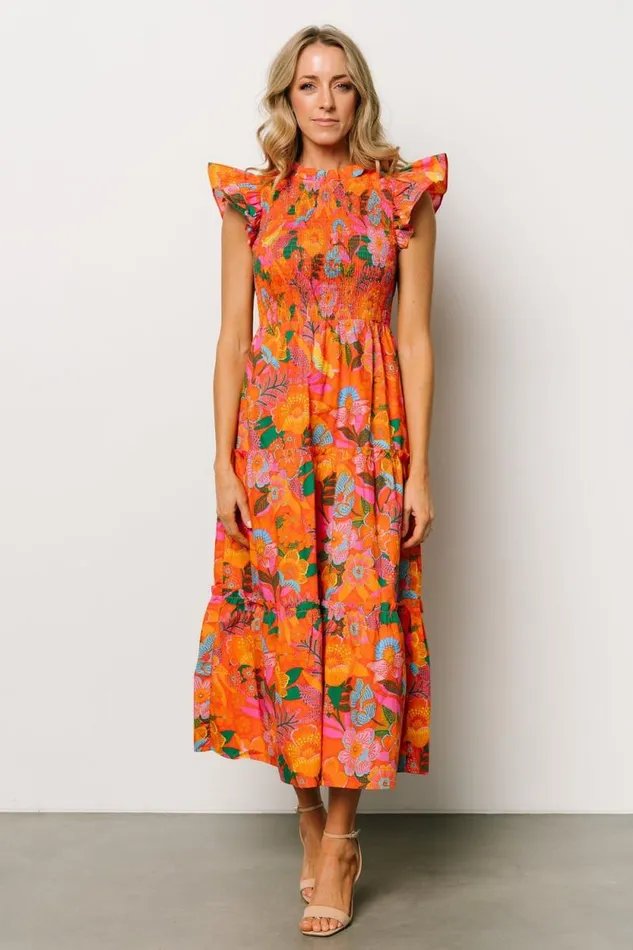 Women Emily Smocked Tier Dress Orange Floral Baltic Born Bump Friendly Women Emily Smocked Tier Dress Orange Floral Baltic Born Bump Friendly