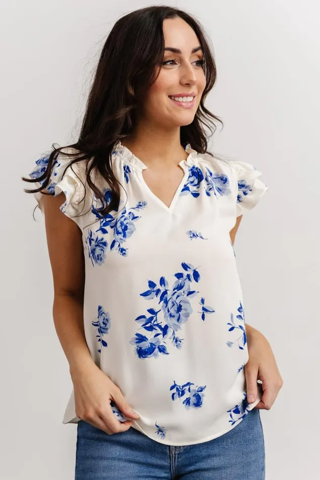 Women Estelle Ruffle Top Cream Blue Floral Baltic Born Blouses and Shirts