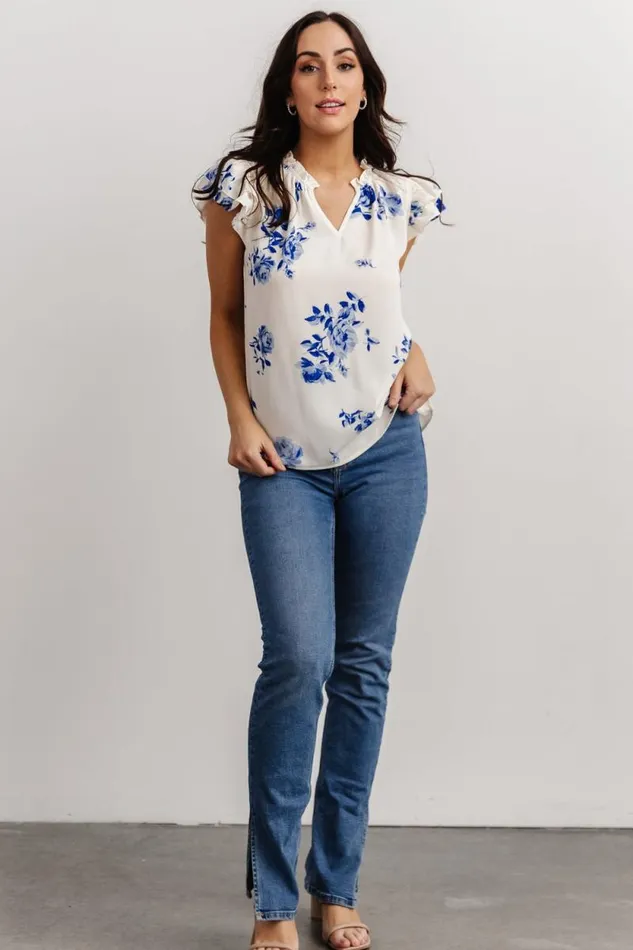 Women Estelle Ruffle Top Cream Blue Floral Baltic Born Blouses and Shirts