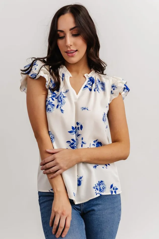 Women Estelle Ruffle Top Cream Blue Floral Baltic Born Blouses and Shirts