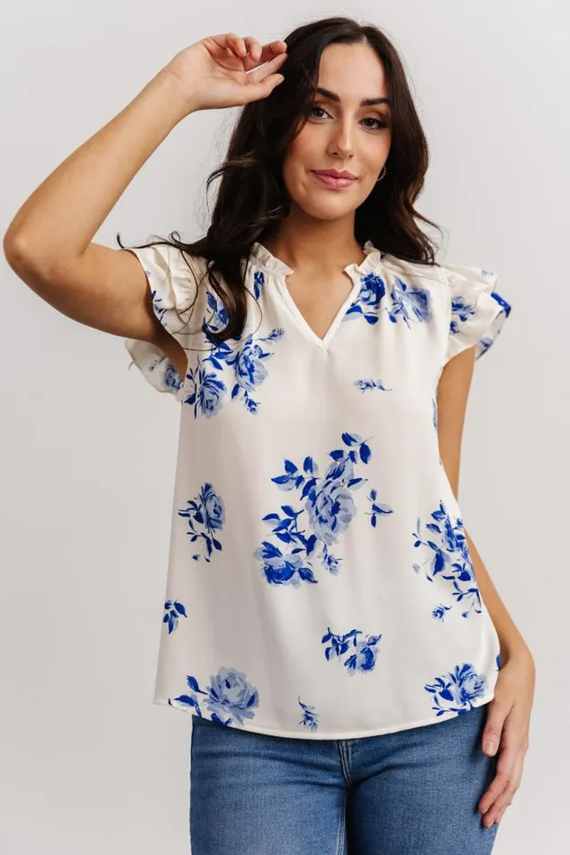 Women Estelle Ruffle Top Cream Blue Floral Baltic Born Blouses and Shirts