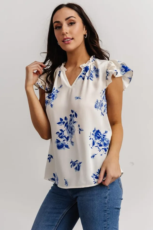 Women Estelle Ruffle Top Cream Blue Floral Baltic Born Blouses and Shirts