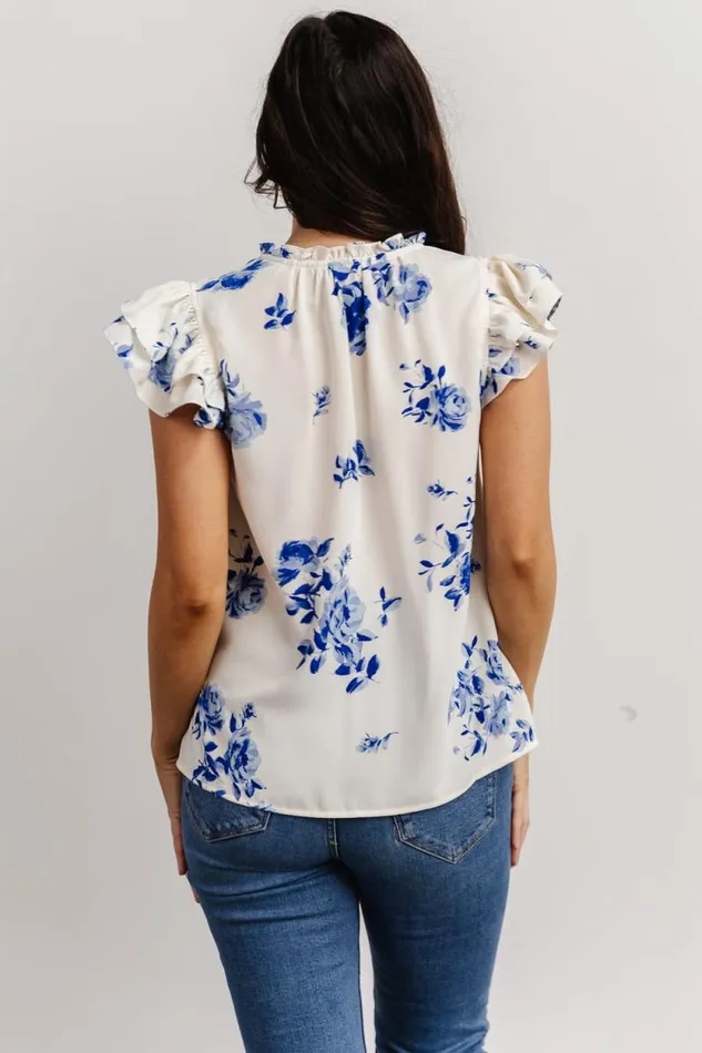 Women Estelle Ruffle Top Cream Blue Floral Baltic Born Blouses and Shirts