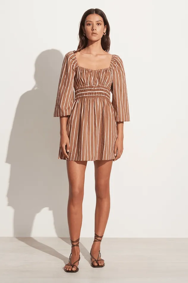 Women Faithfull The Brand Mini Dresses Paloma Mini Dress Adia Stripe Print Hazelnut 8211 Final Sale