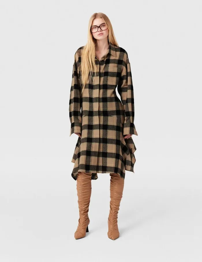 Women Flared Check Midi Dress Beige And Black Stella McCartney Dresses Women Flared Check Midi Dress Beige And Black Stella McCartney Dresses