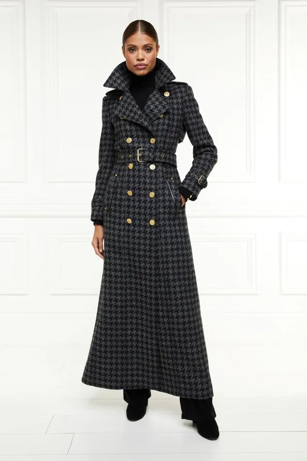 Women Full Length Chelsea Trench Coat Large Scale Charcoal Houndstooth Holland Cooper Tailoring