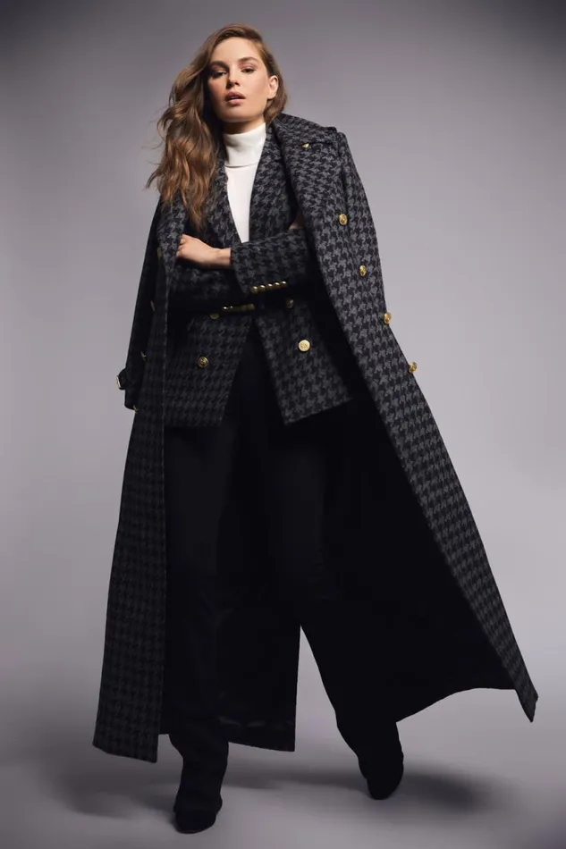 Women Full Length Chelsea Trench Coat Large Scale Charcoal Houndstooth Holland Cooper Tailoring