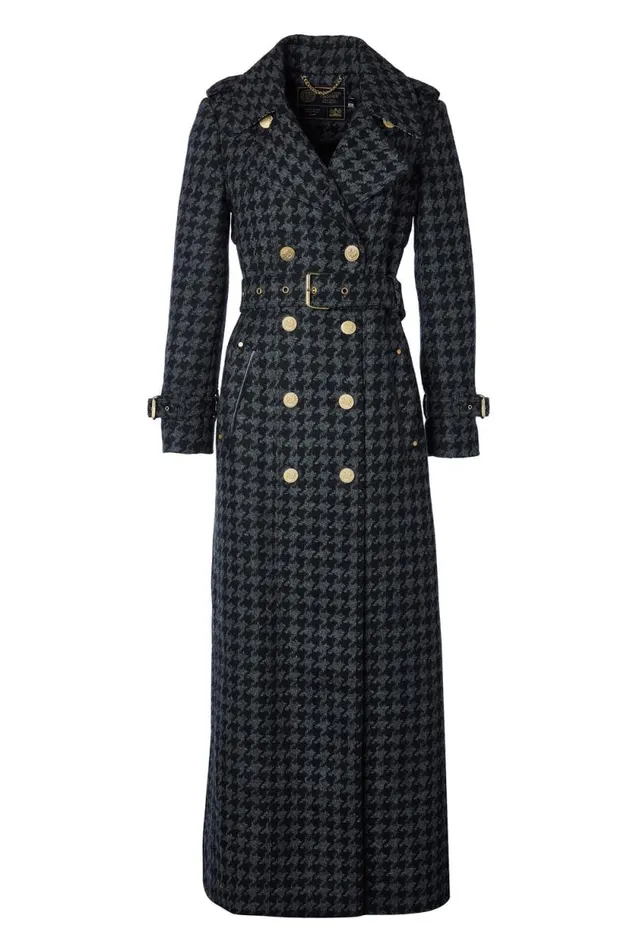 Women Full Length Chelsea Trench Coat Large Scale Charcoal Houndstooth Holland Cooper Tailoring