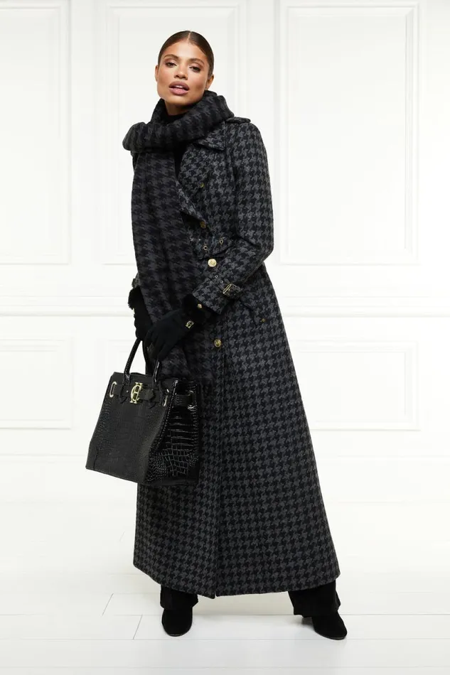 Women Full Length Chelsea Trench Coat Large Scale Charcoal Houndstooth Holland Cooper Tailoring
