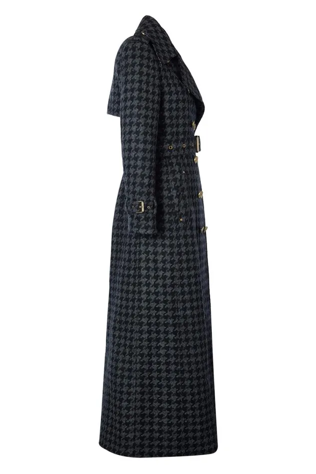 Women Full Length Chelsea Trench Coat Large Scale Charcoal Houndstooth Holland Cooper Tailoring