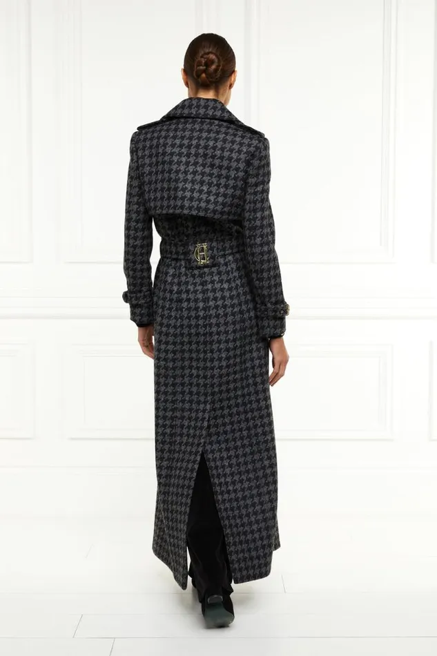 Women Full Length Chelsea Trench Coat Large Scale Charcoal Houndstooth Holland Cooper Tailoring