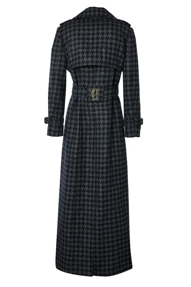 Women Full Length Chelsea Trench Coat Large Scale Charcoal Houndstooth Holland Cooper Tailoring