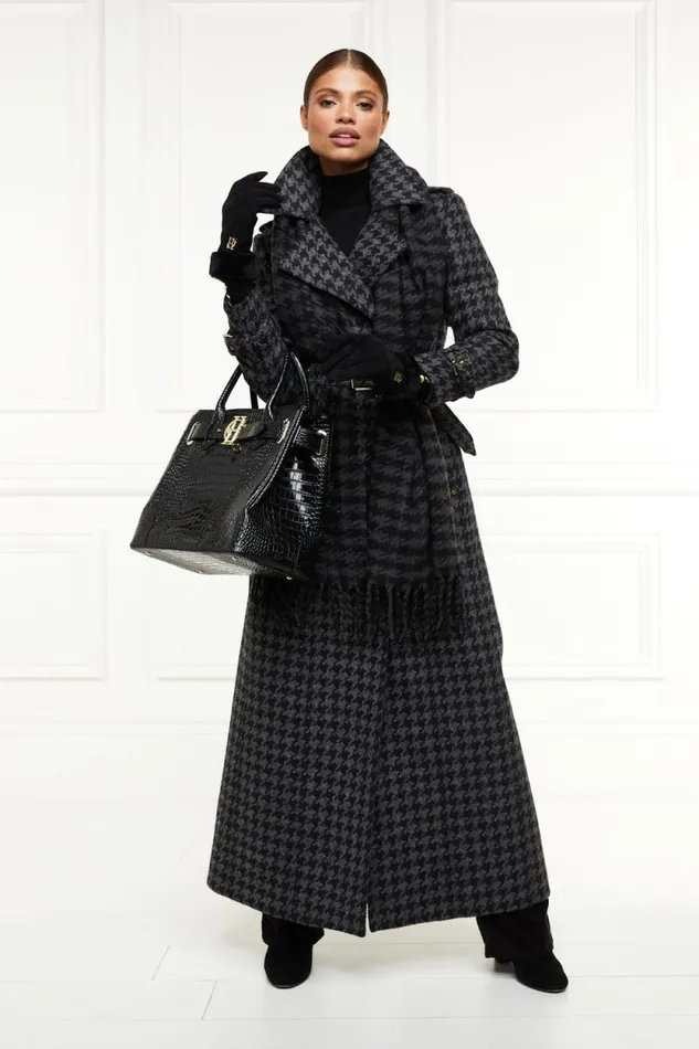 Women Full Length Chelsea Trench Coat Large Scale Charcoal Houndstooth Holland Cooper Tailoring