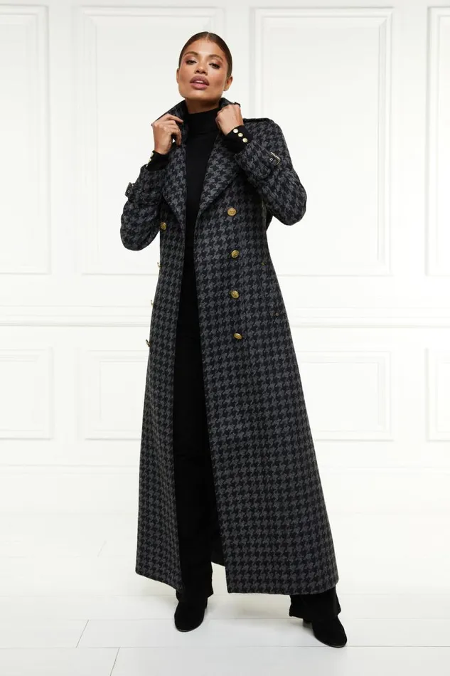 Women Full Length Chelsea Trench Coat Large Scale Charcoal Houndstooth Holland Cooper Tailoring