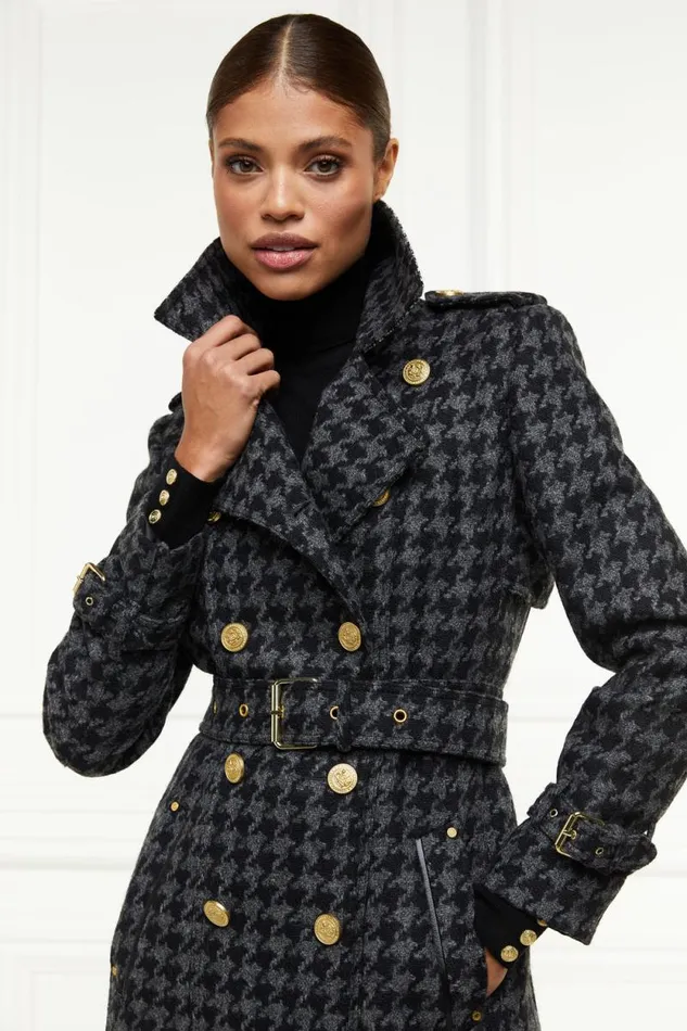 Women Full Length Chelsea Trench Coat Large Scale Charcoal Houndstooth Holland Cooper Tailoring