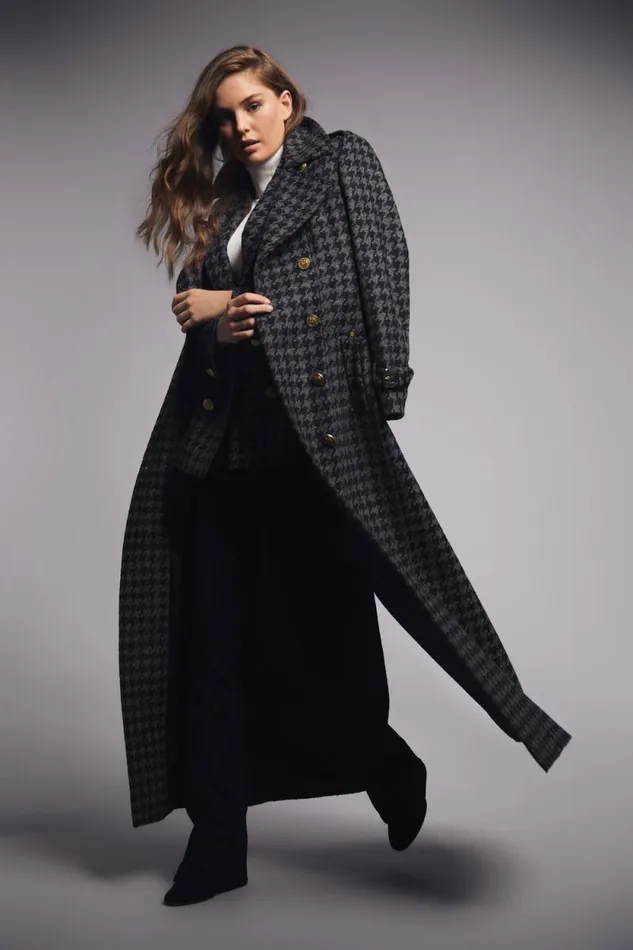 Women Full Length Chelsea Trench Coat Large Scale Charcoal Houndstooth Holland Cooper Tailoring
