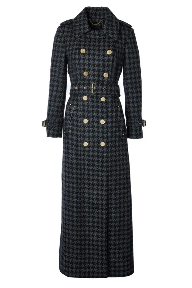 Women Full Length Chelsea Trench Coat Large Scale Charcoal Houndstooth Holland Cooper Tailoring