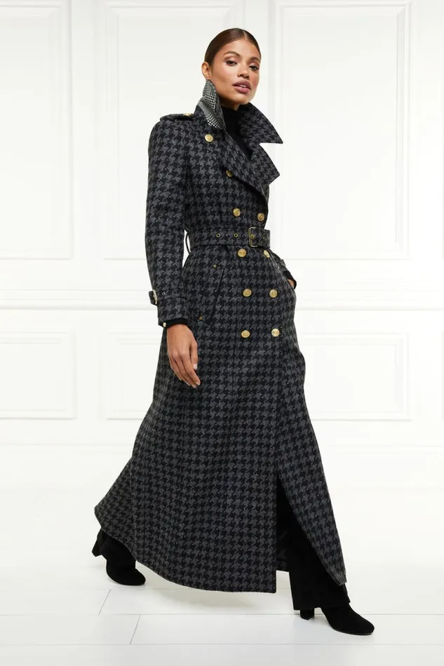 Women Full Length Chelsea Trench Coat Large Scale Charcoal Houndstooth Holland Cooper Tailoring