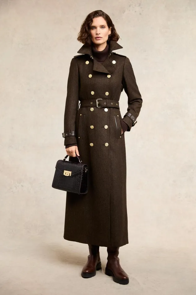 Women Full Length Marlborough Trench Coat Chocolate Herringbone Holland Cooper Tailoring