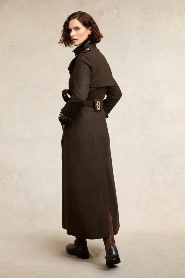 Women Full Length Marlborough Trench Coat Chocolate Herringbone Holland Cooper Tailoring
