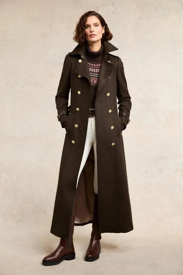 Women Full Length Marlborough Trench Coat Chocolate Herringbone Holland Cooper Tailoring