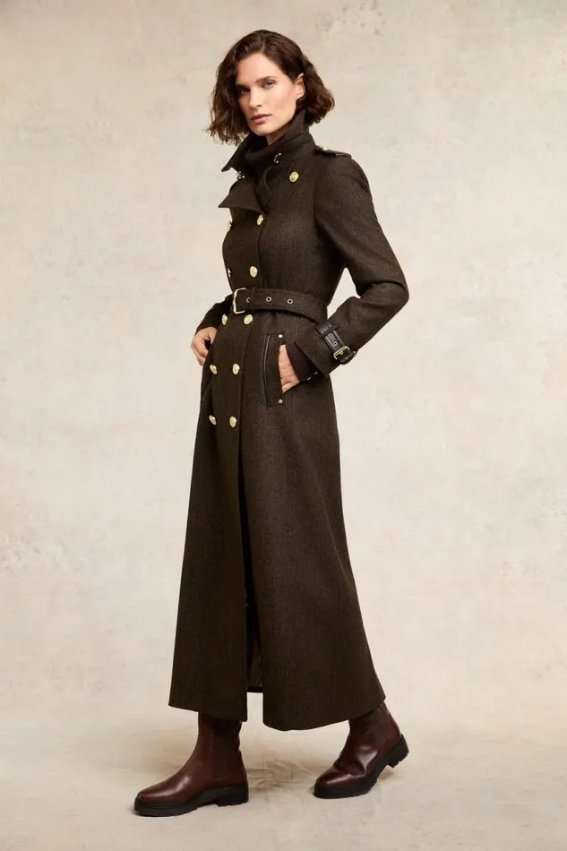 Women Full Length Marlborough Trench Coat Chocolate Herringbone Holland Cooper Tailoring