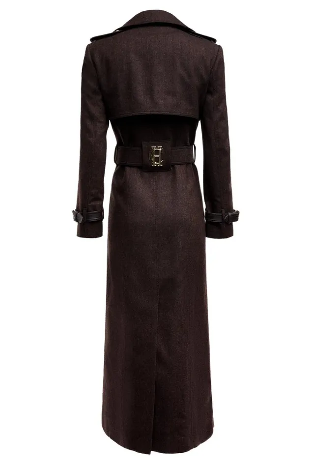 Women Full Length Marlborough Trench Coat Chocolate Herringbone Holland Cooper Tailoring