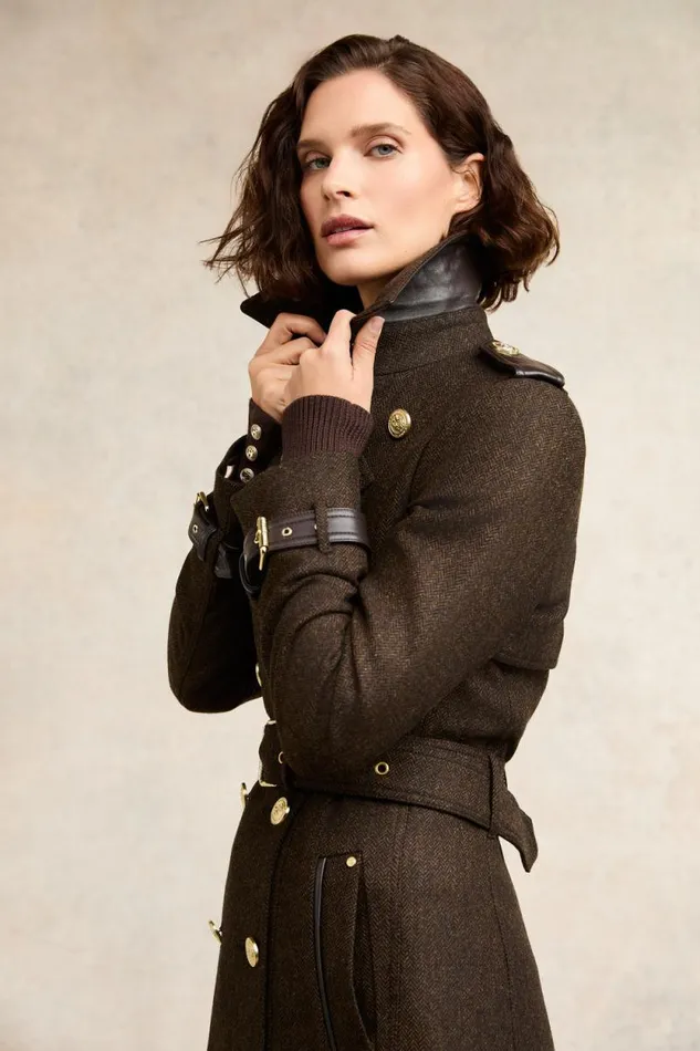 Women Full Length Marlborough Trench Coat Chocolate Herringbone Holland Cooper Tailoring