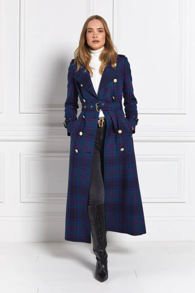 Women Full Length Marlborough Trench Coat Heather Tartan Holland Cooper Tailoring