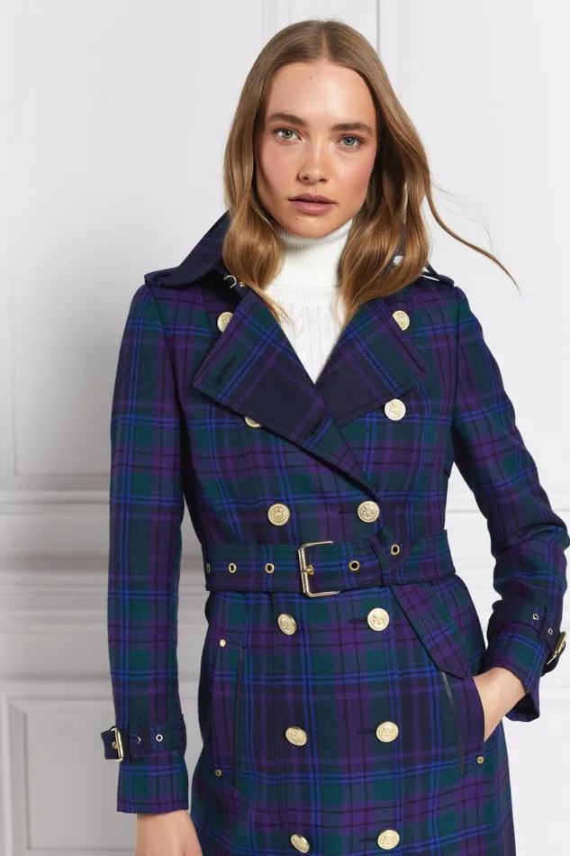 Women Full Length Marlborough Trench Coat Heather Tartan Holland Cooper Tailoring