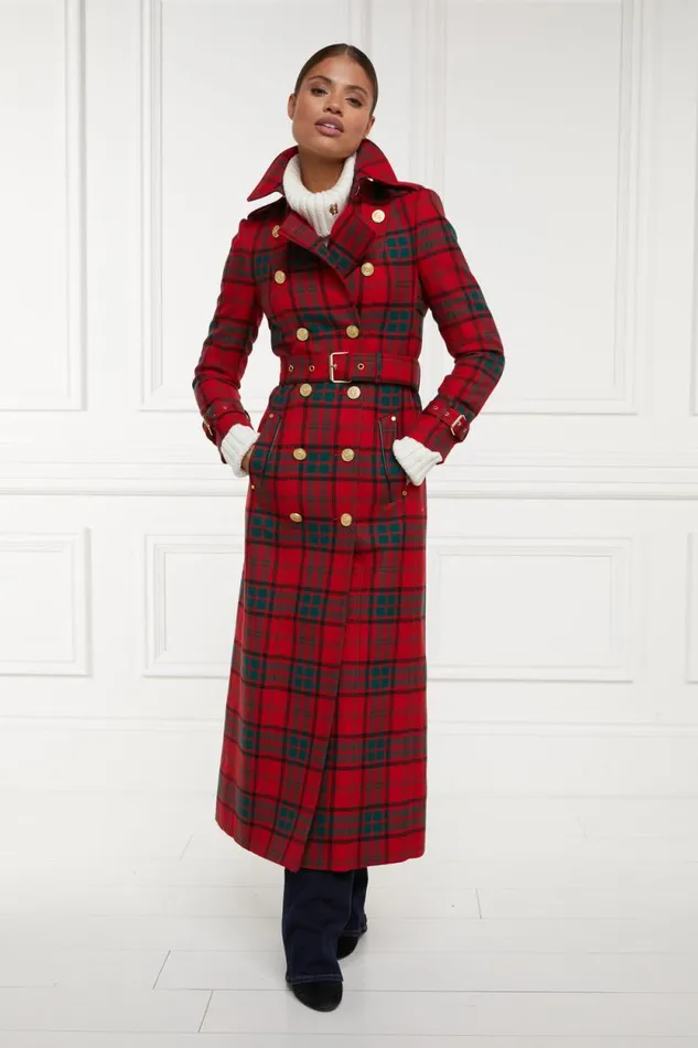 Women Full Length Marlborough Trench Coat Red Tartan Holland Cooper Tailoring