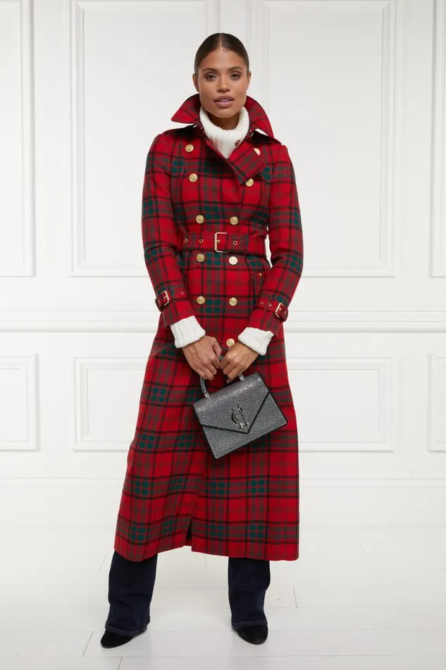 Women Full Length Marlborough Trench Coat Red Tartan Holland Cooper Tailoring
