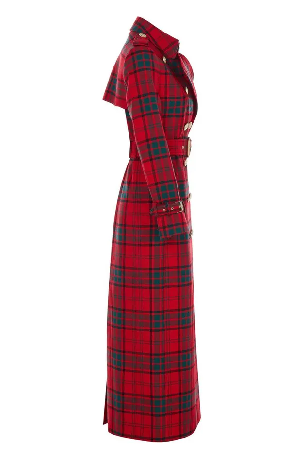 Women Full Length Marlborough Trench Coat Red Tartan Holland Cooper Tailoring