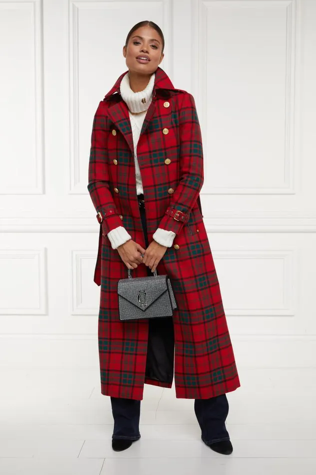 Women Full Length Marlborough Trench Coat Red Tartan Holland Cooper Tailoring