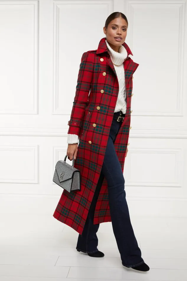 Women Full Length Marlborough Trench Coat Red Tartan Holland Cooper Tailoring