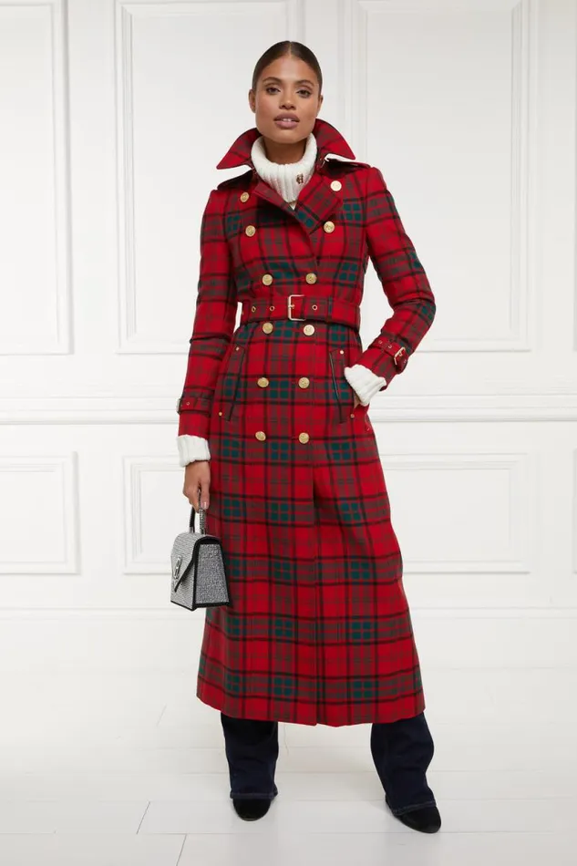 Women Full Length Marlborough Trench Coat Red Tartan Holland Cooper Tailoring