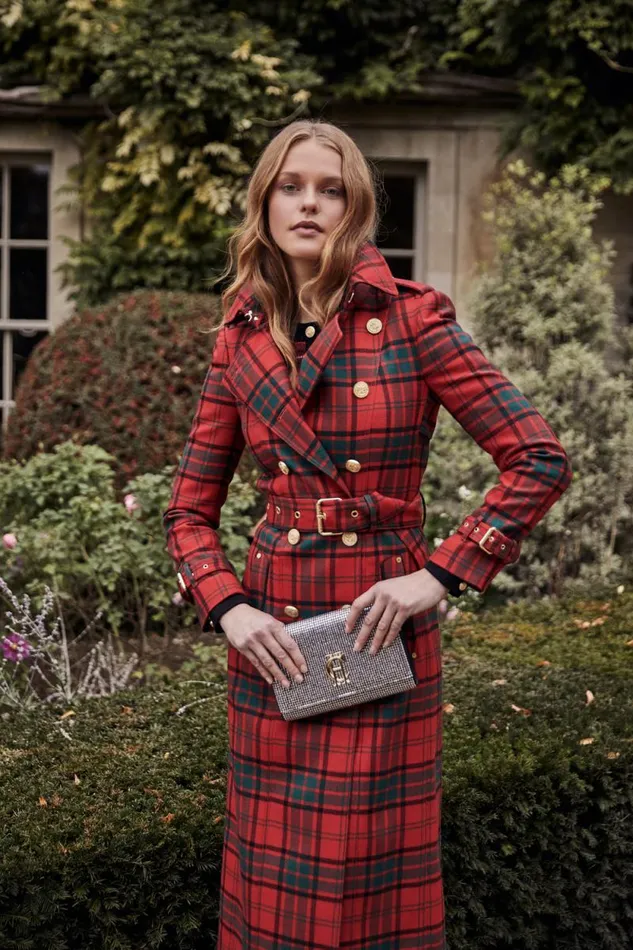 Women Full Length Marlborough Trench Coat Red Tartan Holland Cooper Tailoring