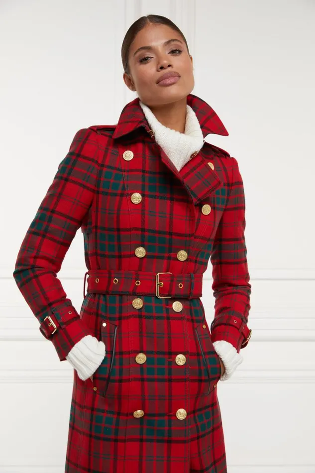 Women Full Length Marlborough Trench Coat Red Tartan Holland Cooper Tailoring