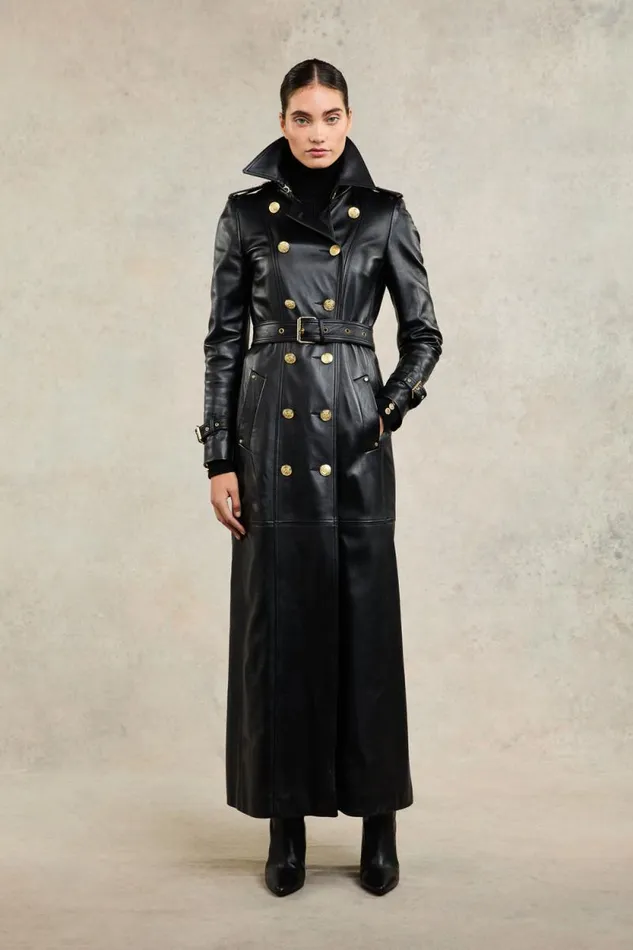 Women Full Length Marlborough Trench Coat Valencia Leather Black Holland Cooper Coats