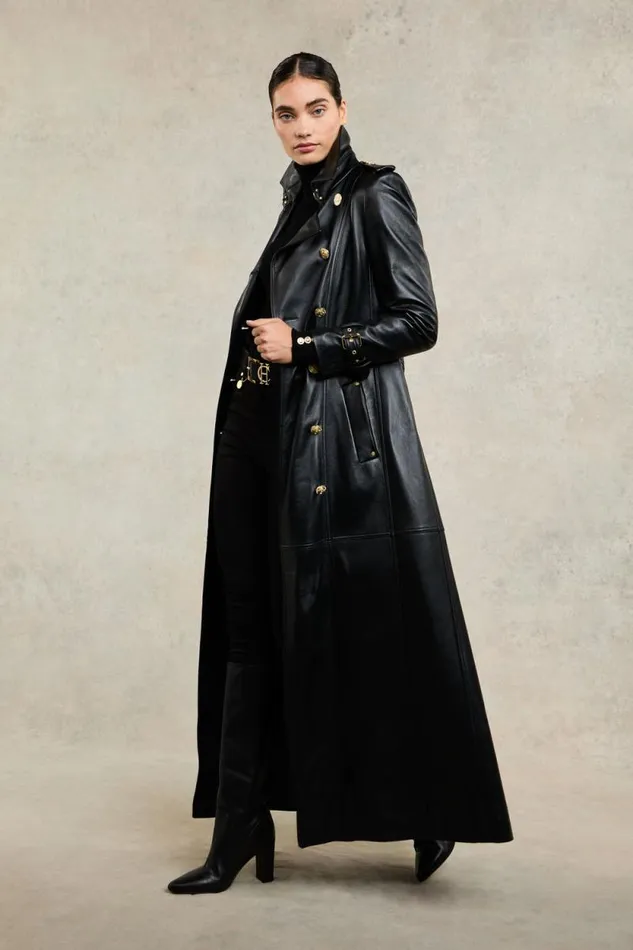 Women Full Length Marlborough Trench Coat Valencia Leather Black Holland Cooper Coats